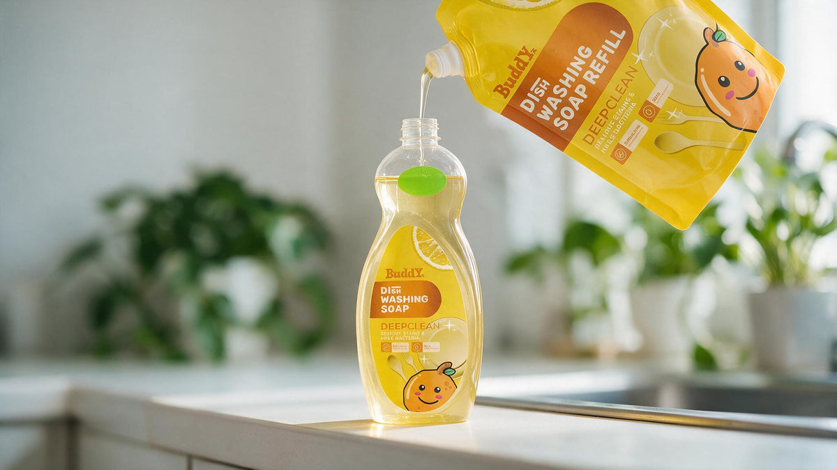 Refill pouch being poured into a bottle